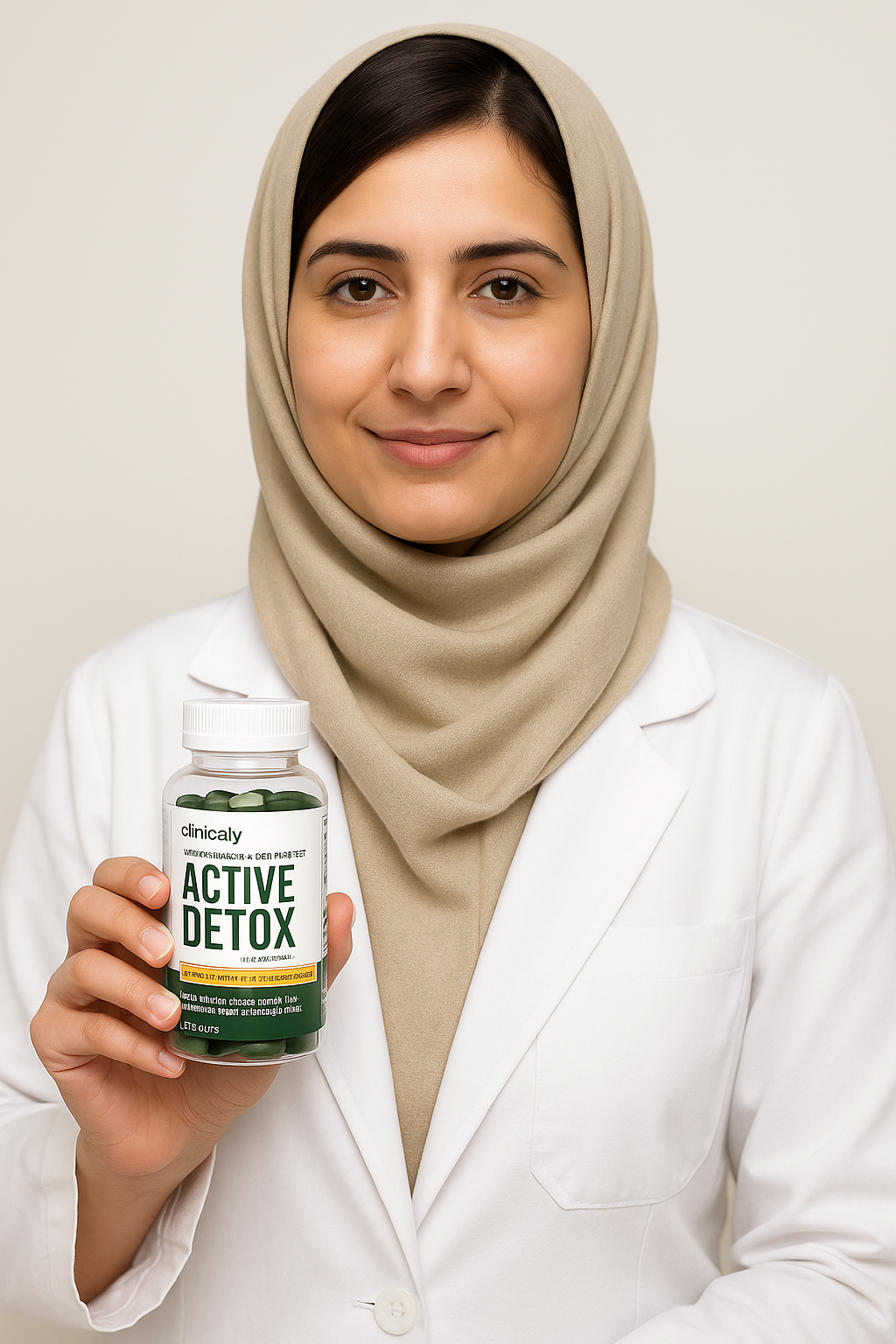 Clinicaly nutritionist holding Active Detox weight management bottle